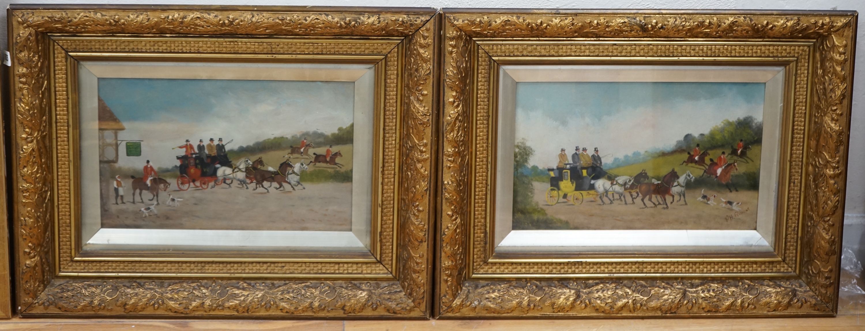 P.H. Ridout, pair of oils on board, Coaching scenes, one signed, 24 x 39cm